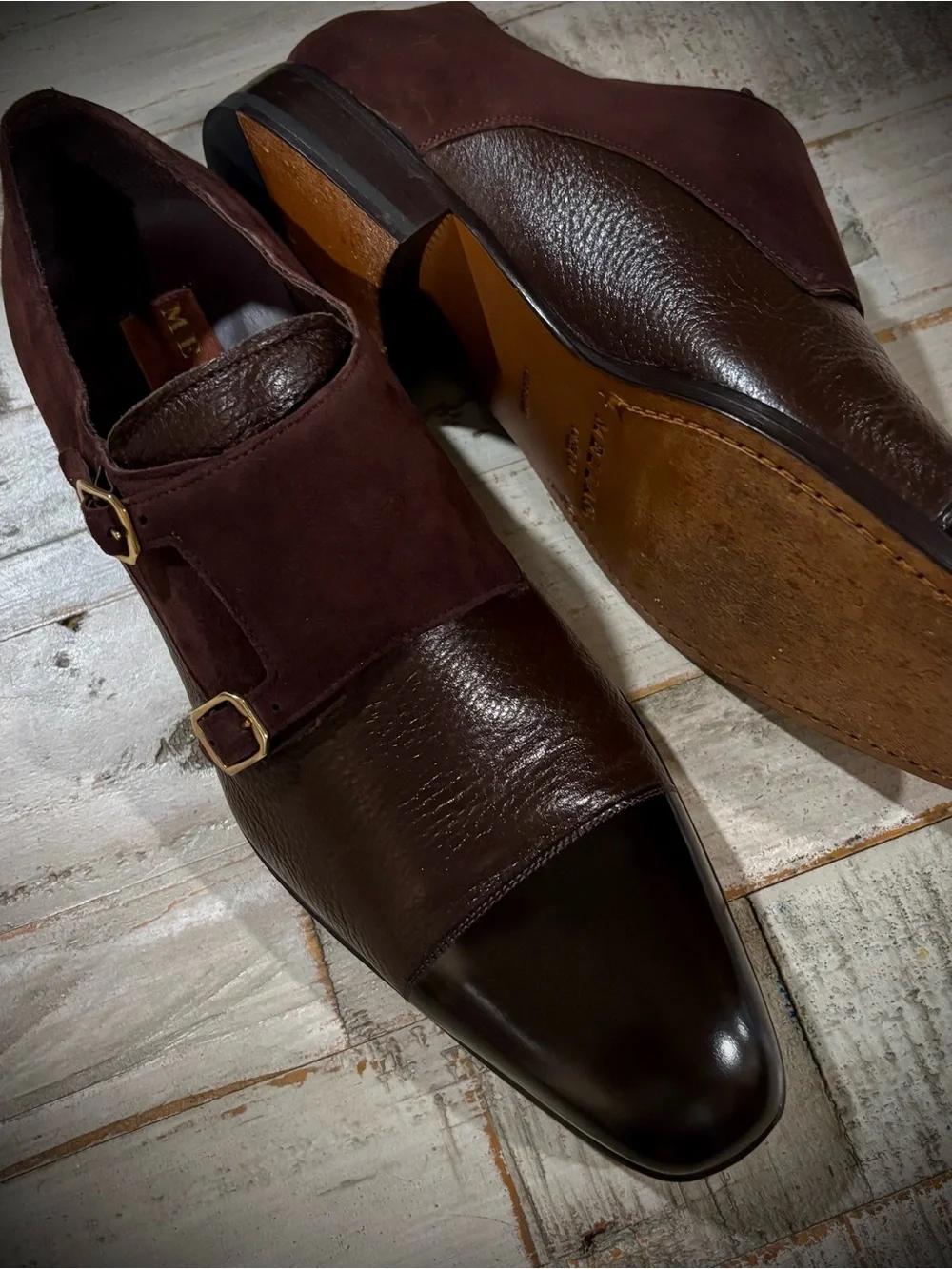 Mezlan Brown Three-Texture Double Monk Strap Shoes. Classic, elegance & quality
